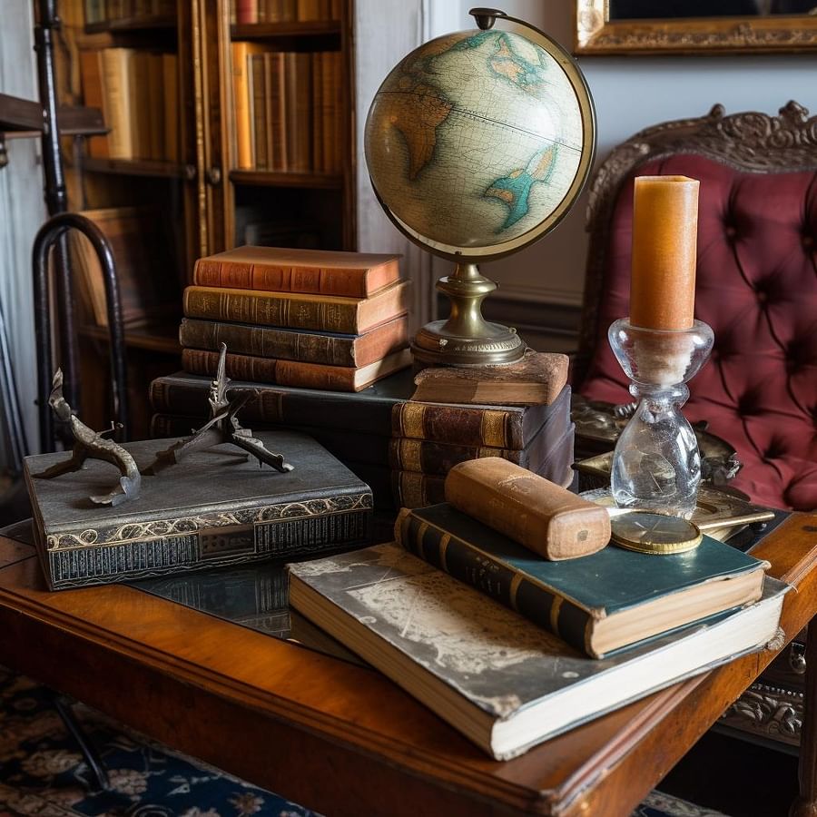 Historical books and artifacts displayed in the living area