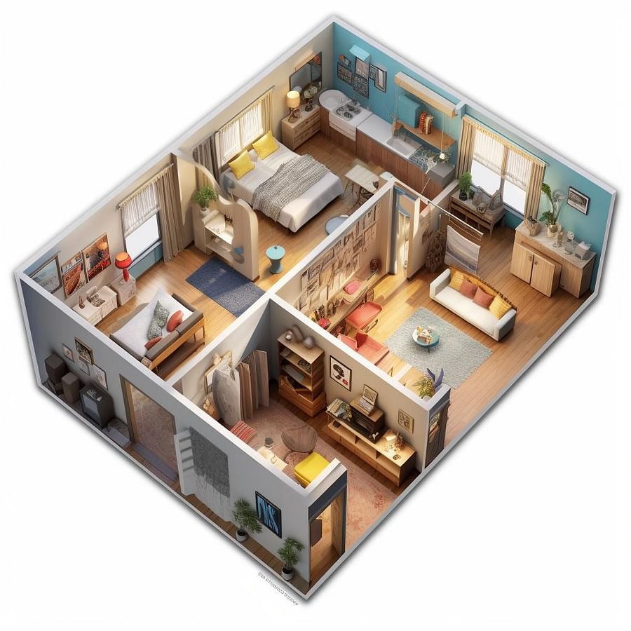 An optimized Airbnb layout with distinct zones, smart furniture placement, and efficient storage solutions