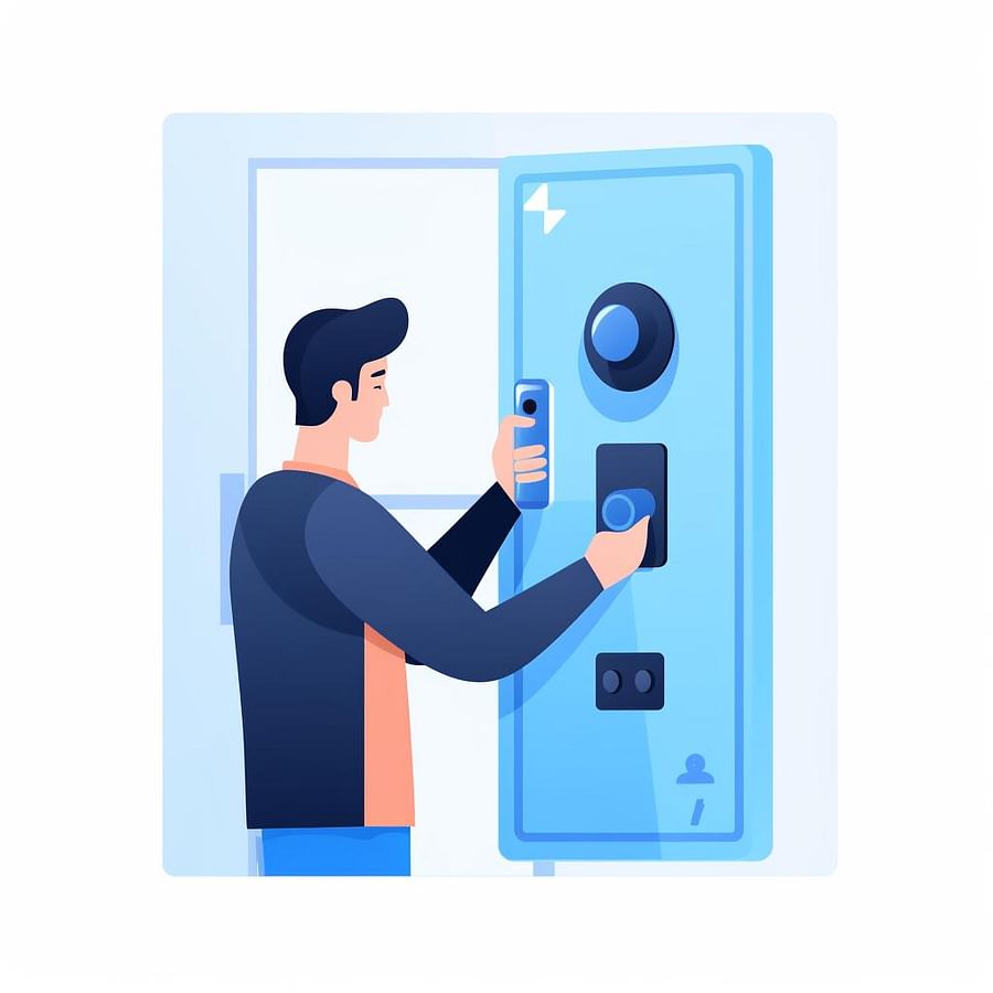 A person installing a smart lock on a door