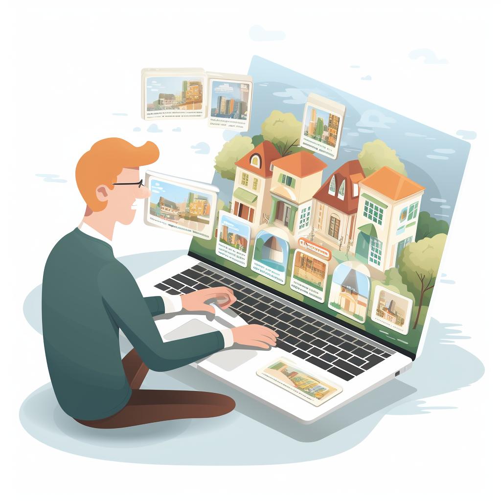 A person looking at various house listings on a laptop.