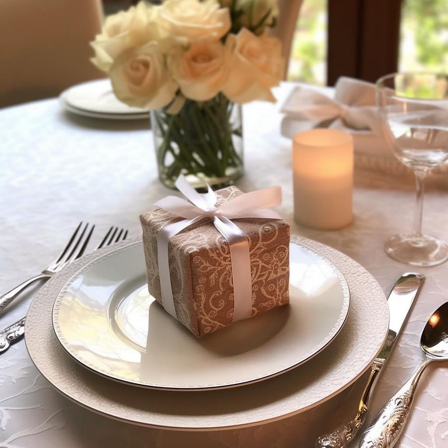 A beautifully set table with a personalized note and a small gift for the guest